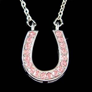 Sterling Silver Horseshoe Pendant Necklace with Pink Swarovski crystals